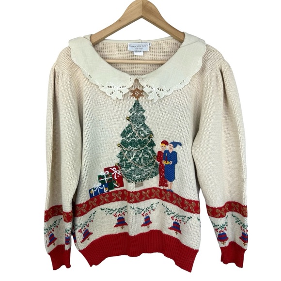 Sweater Loft New York Sweaters - Sweater Loft New York Vintage Ugly Christmas Sweater 1980s Peter Pan Collar M